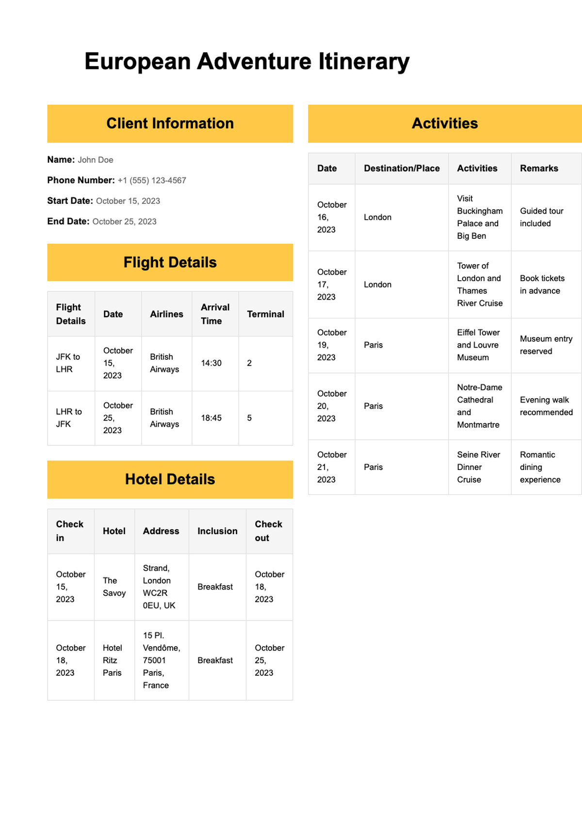 Vacation itinerary template with client flight hotel and activities details_variant_1